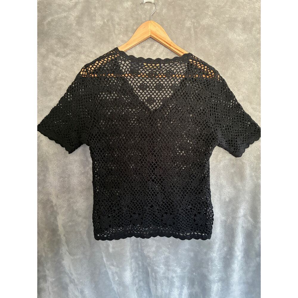 Vtg Laura Scott Crochet Cardigan Women L Black Floral Whimsigoth Dark‎ Cottage - Picture 2 of 16